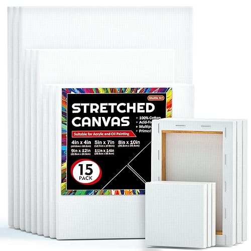 Shuttle Art Stretched Canvas, 15 Multi Pack, 4x4, 5 x 7, 8 x 10, 9x12, 11 x 14 Inches (3 of Each), 100% Cotton, Primed White Painting Canvas, Art Canvases for Acrylic, Oil, Acrylic Pouring Painting - 15 Multi Pack-4x4", 5x7", 8x10", 9x12", 11x14"