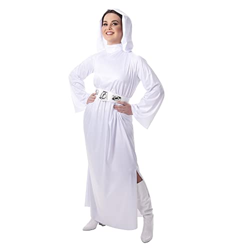 STAR WARS OFFICIAL PRINCESS LEIA HALLOWEEN COSTUME FOR ADULTS - Poly Jersey Hooded Dress with Vinyl 3D Belt and Twin Bun Wig - Small