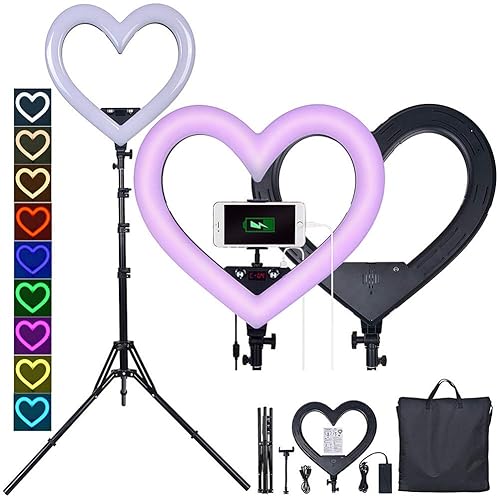 LED Ring Light 19",Multi-Funtion Seven-Color Heart-Shaped Selfie Ring Light, 360°Rotatable Ring Light with Tripod Stand and Phone Holder,for Tiktok Portrait YouTube Video, Makeup