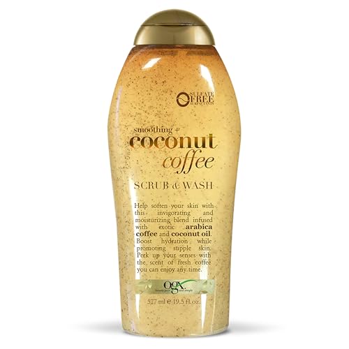 OGX Smoothing + Coconut Coffee Exfoliating Body Scrub with Arabica Coffee & Coconut Oil, Moisturizing Body Wash for Dry Skin, Paraben-Free with Sulfate-Free Surfactants, 19.5 Fl Oz - 19.5 Fl Oz (Pack of 1) - Scrub&Wash