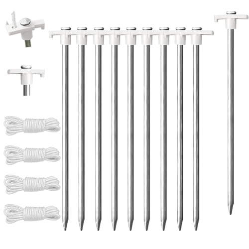 Eurmax USA Galvanized Non-Rust Camping Family Tent Stakes Heavy Duty 10pc-Pack, with 4x10ft Ropes & 1 White Stopper - White