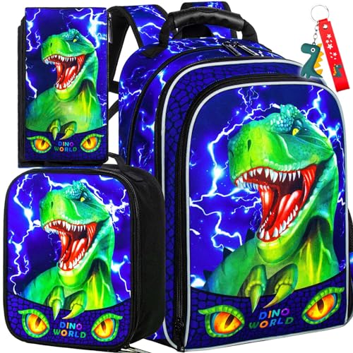 gxtvo 3PCS Dinosaur Backpack for Boys, 16" Kids Bookbag with Lunch Box, Water Resistant School Bag for Elementary Prechool Toddler - Upgraded Dinosaur lightning