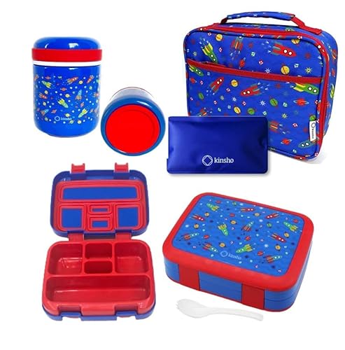 Bento Box with Thermos Stainless Steel Food Jar for Hot-Cold Food or Soup, Insulated Lunch Bag, & Ice Pack Set for Kids or Toddlers. Ages 3-7, Blue Space Rockets - Blue Red Rocket Bento Food Thermos Set