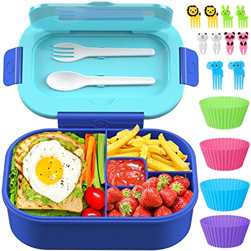 TIME4DEALS Kids Bento Lunch Box Leakproof Lunch Box with 4 Compartments Lunch Containers with Tableware Kids Bento School Lunch Boxes with Container 44oz, Microwave Dishwasher Freezer Safe (Blue) - Blue
