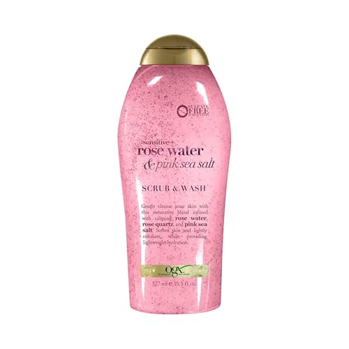 OGX Sensitive + Pink Sea Salt & Rosewater Sulfate-Free Soothing Body Scrub with Healing Rose Quartz, Gentle Exfoliating Daily Body Wash to Soften & Smooth Skin, 19.5 Fl Oz - 19.5 Fl Oz (Pack of 1)