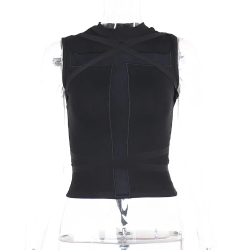 Black Goth Raver Sleeveless Vest Top - Black / M