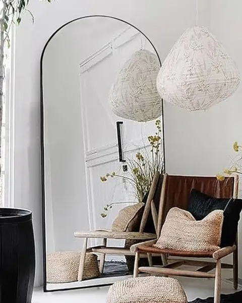 Otlsh Floor Mirror, 76"×34" Arched Full Length Mirror Arched with Stand, Standing Mirror, Full Body Mirror, Large Mirror, Arched Wall Mirror, Freestanding, Aluminum Frame - Black
