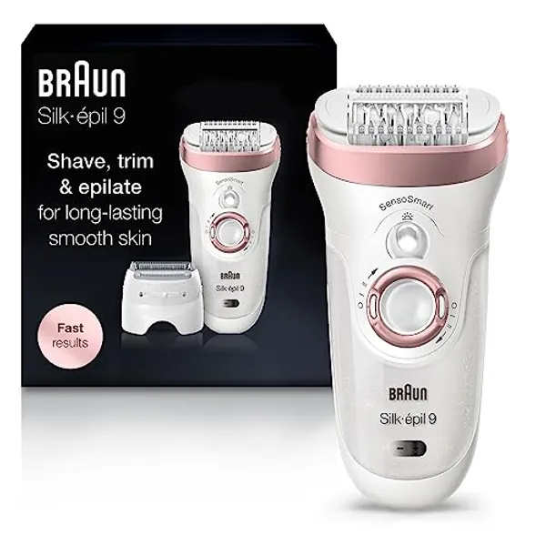Braun Epilator Silk-épil 9 9-720, Hair Removal Device, Epilator for Women, Wet/Dry, Waterproof, 3-in-1 Epilate, Shave, or Trim, Salon-Like Smooth Skin, Womens Shaver & Trimmer, Cordless, Rechargeable