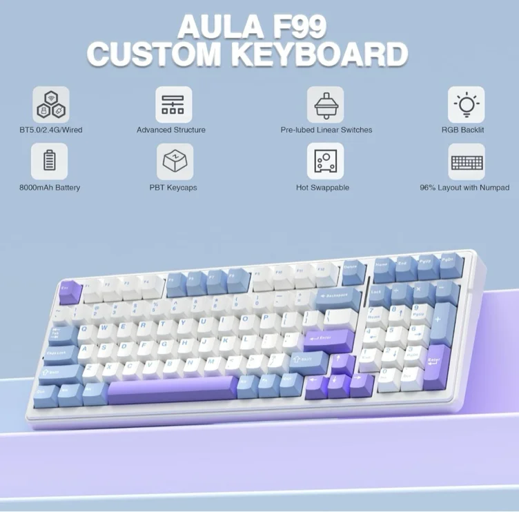 AULA F99 Wireless Mechanical Keyboard,Tri-Mode BT5.0/2.4GHz/USB-C Hot Swappable Custom Keyboard,Pre-lubed Linear Switches,Gasket Structure,RGB Backlit Gaming Keyboard for PC/Tablet/Xbox/PS4/PS5 - Blue&Purple&White