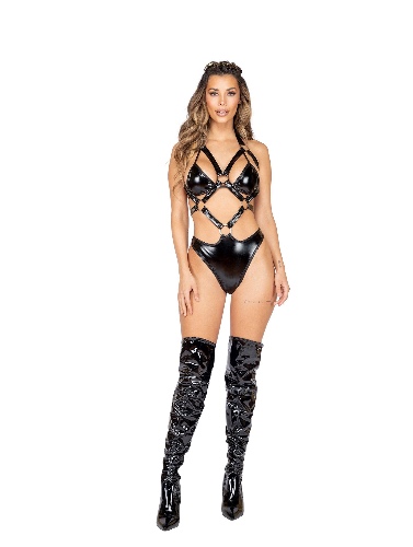Roma Rave 3892 - 1pc Latex Holster Romper with Ring Detail - Large / Black