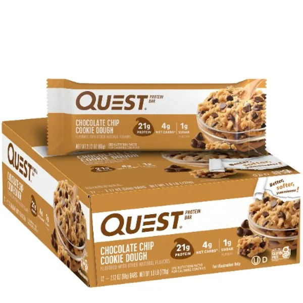 Quest Nutrition Chocolate Chip Cookie Dough Protein Bars, High Protein, Low Carb, Gluten Free, Keto Friendly, 12 Count - 
