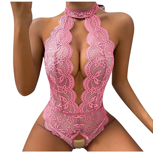 Teddy Lingerie for Women for Sex Naughty Sexy Babydoll Lingerie One Piece Hollow Backless Sluttly Lingerie Bodysuit Sleepwear for Sex Game - Pink - Large