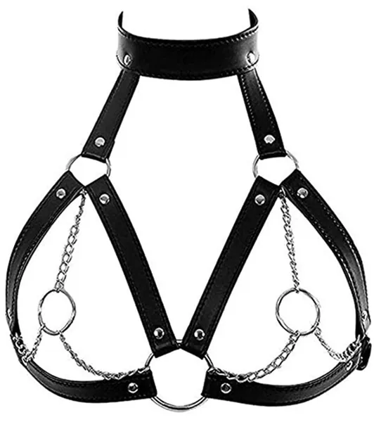 Women's Faux Leather Harness Punk Gothic Metal Chain Tassel Body Caged Lock Clothing Accessories Black