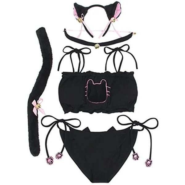 MAIPOETYRY Women's Cosplay Lingerie Set Kitten Keyhole Cute Outfit - Medium Black