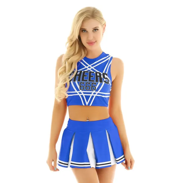 Women's Schoolgirl Cheer Leader Costume Uniform Dress Crop Top with Pleated Mini Skirt Outfits - BlueA Medium