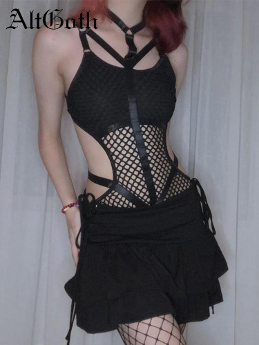 AltGoth Gothic Sexy Fishnet Jumpsuit Women Harajuku Streetwear Mall Goth See Through Bodysuit Nightclub Hollow Out Emo Rompers - AliExpress 