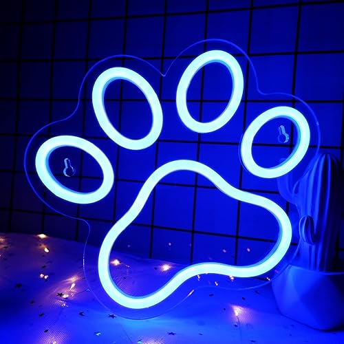 Dog Paw Print Neon Sign - Dimmer Blue Led Neon Signs for Wall Decor 9.8 X8.6 Inch, USB Powered Neon Lights for Bedroom, Children's Room, Birthday Gifts, Cute Decoration(Blue) - Blue