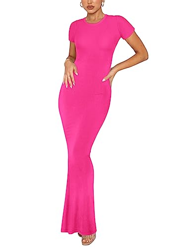 REORIA Women's Summer Casual Lounge Long Dress Elegant Short Sleeve Crew Neck Bodycon Maxi Dresses - Large - Rose Red