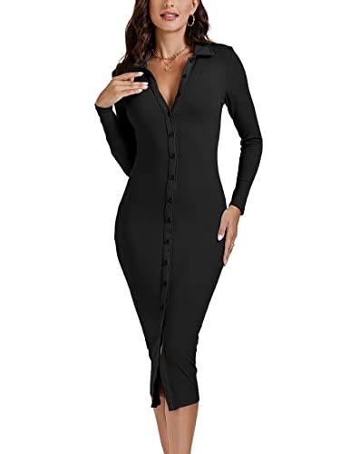 LYANER Women's Button Down Collar V Neck Ribbed Knit Long Sleeve Bodycon Midi Dress - Large - Black