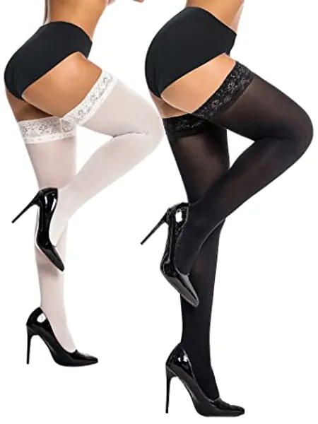 HONENNA 2 Pairs Thigh High Stockings, Semi Sheer Stay Up Lingerie Lace Top Tights for Women Size A-F