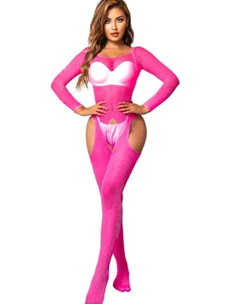 Kaei&Shi Fishnet Bodysuit For Women Fit 0-18, Sexy Long Sleeve Bodystocking, Plus Size Exotic Sheer Lingerie Glow Rave Outfit