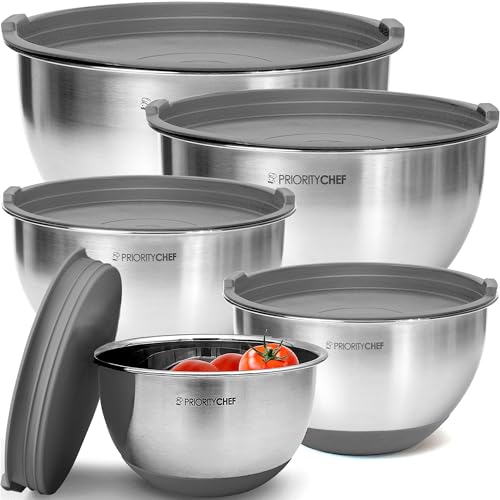 Priority Chef Premium Mixing Bowls With Airtight Lids Set, Thicker Stainless Steel Mixing Bowl Set, Large Prep Metal Bowls with Lids, Nesting Bowls for Kitchen, 1.5/2/3/4/5 Qrt, Grey - Gray