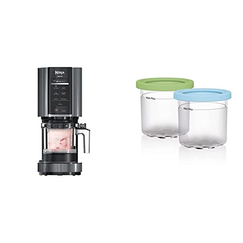 Ninja NC299AMZ CREAMi Ice Cream Maker, Matte Black & XSKPLID2CD Pints 2 Pack, Compatible with NC299AMZ & NC300s Series Creami Ice Cream Makers, BPA-Free & Dishwasher Safe, Lime & Aqua Lids, 1 - 1 Pint + Lid - Ice Cream Maker + Ice Cream Makers