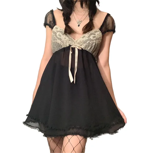 Women Chic Vintage Lace Cute Fairy Dress Sleeveless Spaghetti Strap Grunge 90S Aesthetic E-Girl Mini Dress Streetwear