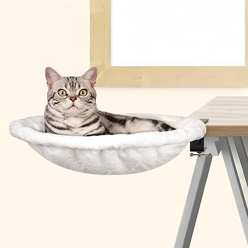 Cat Desk Bed - Desk Nest Cat Bed Soft Fabric Cat Bed for Desk Indoor, Round Desk Perch for Cats Up to 50LBS - Sturdy Cat Hammock for Your Desk, Table Clamp Pet Bed Cat Furniture for Kitten