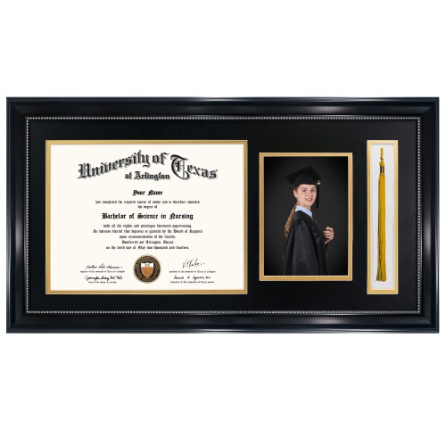 GraduationMall 11x22 Black Diploma Frame with Tassel Holder and Picture for 8.5x11 Certificate 5x7 Photo,Real Glass,Black Over Gold Mat - Black With Silver Beads Diploma + Picture + Tassel
