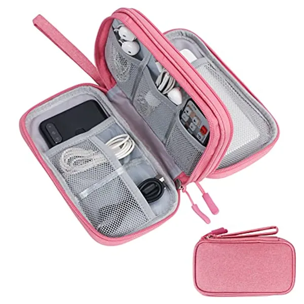 Skycase Travel Cable Organiser Bag,Double-Layer Storage Bag Electronics Accessories Organizer Bag for USB Data Cable,Earphone Wire,Power Bank,21 x 12.5 x 6.5cm,Pink