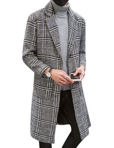 Uaneo Men's Casual Notch Lapel Single Breasted Plaid Mid Long Trench Pea Coat - Gray Large