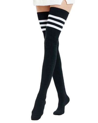 Kayhoma Extra Long Cotton Stripe Thigh High Socks Over the Knee High Plus Size Stockings - Black Stripe