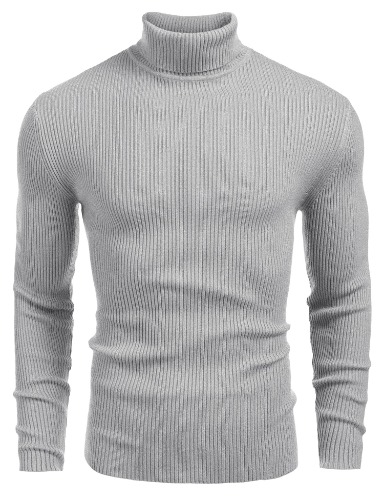 COOFANDY Mens Ribbed Slim Fit Knitted Pullover Turtleneck Sweater - Grey Large