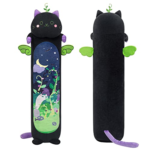 Mewaii Long Cat Plush Kawaii Body Pillow, 36” Cute Black Cat Stuffed Animals Soft Plushies, Kitten Plush Throw Pillow Doll Big Plush Toys Gift for Girlfriend - Black Mint Cat - 35.4in/90cm