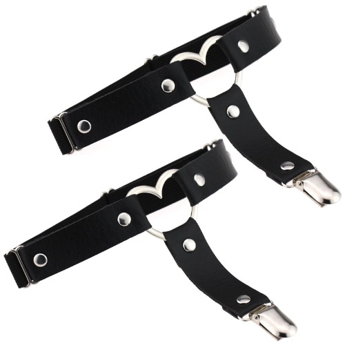 Adove Women Adjustable Leather Thigh Garter, Heart Shaped Leg Garter with Clips Punk Goth Garters for Thigh high Socks Black - 2p Black-dwd07