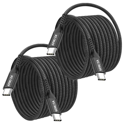 [16FT 2Pack] USB-C to USB-C Cable 60W Fast Charge, Long Nylon,Type C Charger Cord for,Apple-iPhone 15,Sam-Sung Galaxy S23 S22,Pixel 5/4 XL,One-Plus 8T,PS5,Black - 15FT - Black - 2
