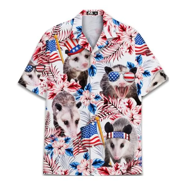 Funny Colorful Hawaiian Shirt for Men Mens Casual Animals Mens Hawaiian Shirts Short Sleeve Button Down Shirt Men - Small - Patriotic Opossum