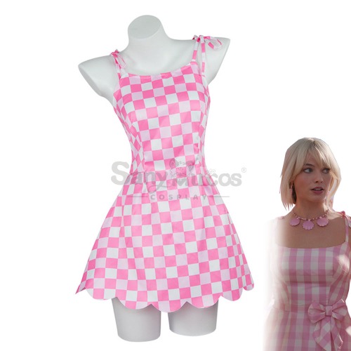 【In Stock】Movie Barbie Cosplay Barbie Pink Checkerboard Dress Cosplay Costume - S