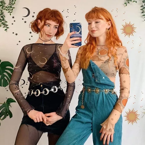 Remera Mangas Largas Micro Tul Estampados Sun Moon Aesthetic