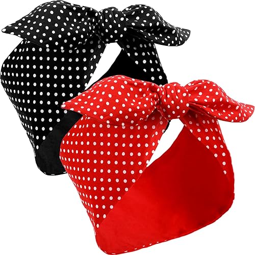 2 Pieces Head Scarf for Women Retro 1940s Head Scarf Bandana Headband Red Black Boho Bow Headbands Vintage Rabbit Ear Hairband Girls Hair Accessories (Lovely Dot) - Polka Dot Design