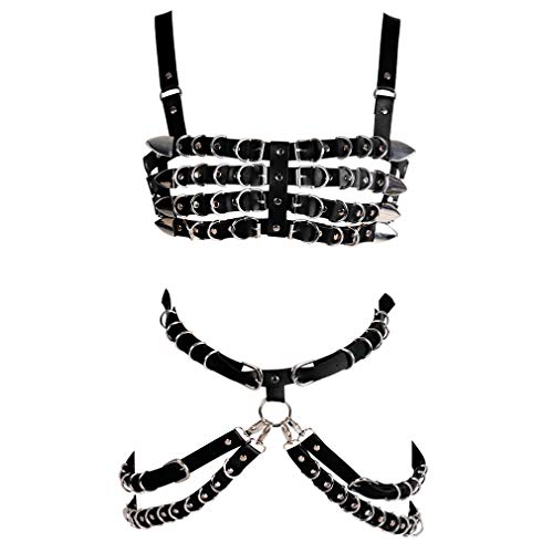 Women's Leather Body Chest Harness Hollow Out Frame Belts Punk Metal Chain Tassel Gothic Festival Party Rave Wear - Black