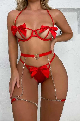 Sexy Red Bow Rhinestone Halter Garter 3 Pc Lingerie Set - M / Red