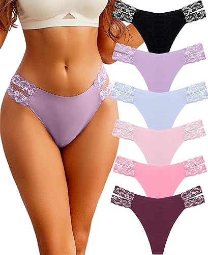 BeReady Seamless Thongs for Women Sexy Underwear Women Lace Knickers for Women Multipack V Waist Invisible Thongs Pack of 6 - Black/Purple/Khaki/Silver Gray/Caramel/Grape Purple - S