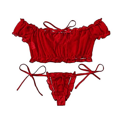 VicSec Women Sexy Babydoll Lingerie Set, Cute Transparent Bra and Panties Set, Adjustable Bowknot Strappy Teddy Underwear Naughty Sleepwear Nighties for Valentines Gift - One Size - Red