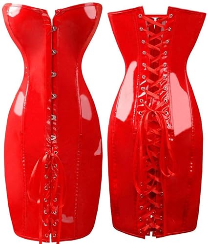 KHDFYER Sexy Costumes for Women Gothic Sexy Shiny Long Leather Wetlook Off Shoulder Bodycon Dress PVC Latex Corset Dress Party Night Club Vestidos - Red - M