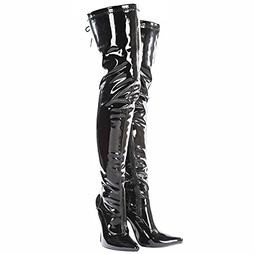 Golden Beads Women thigh high heel boots, Lace-up kinky fetish over the knee heels, elegant shoes with side zip and laces in Back, Ladies faux leather high heel boots - 6 UK - Black Patent