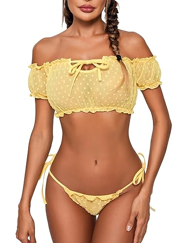 Avidlove Bra and Panty Set Ruffle Lingerie Set Mesh Babydoll Chemise - Medium - Yellow