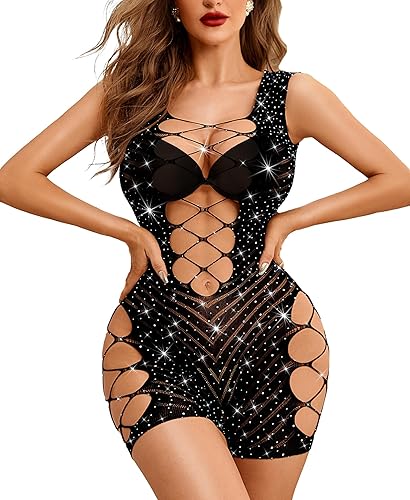 RSLOVE Lingerie for Women Sexy Fishnet Bodysuit Sparkle Rhinestone Teddy Babydoll Cut Out Romper Chemise - One Size - Black