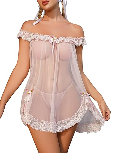 OYOANGLE Women's 2 Piece Mesh Sheer Floral Lace Babydoll Slip Dress Nightgowns and Thong Lingerie Set - Medium - Pink